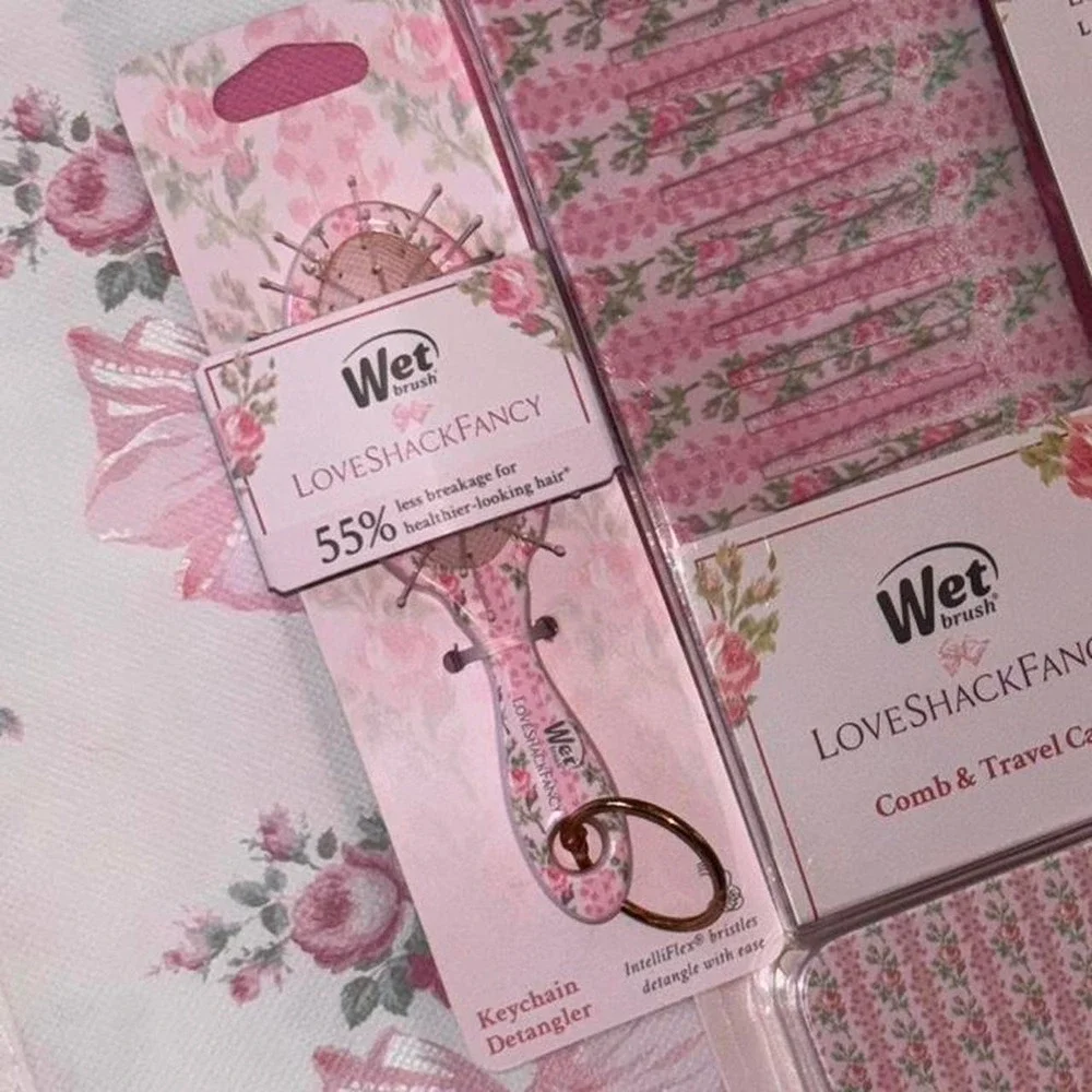 LoveShackFancy pink floral hair accessories bundle: Mini brush keychain Comb